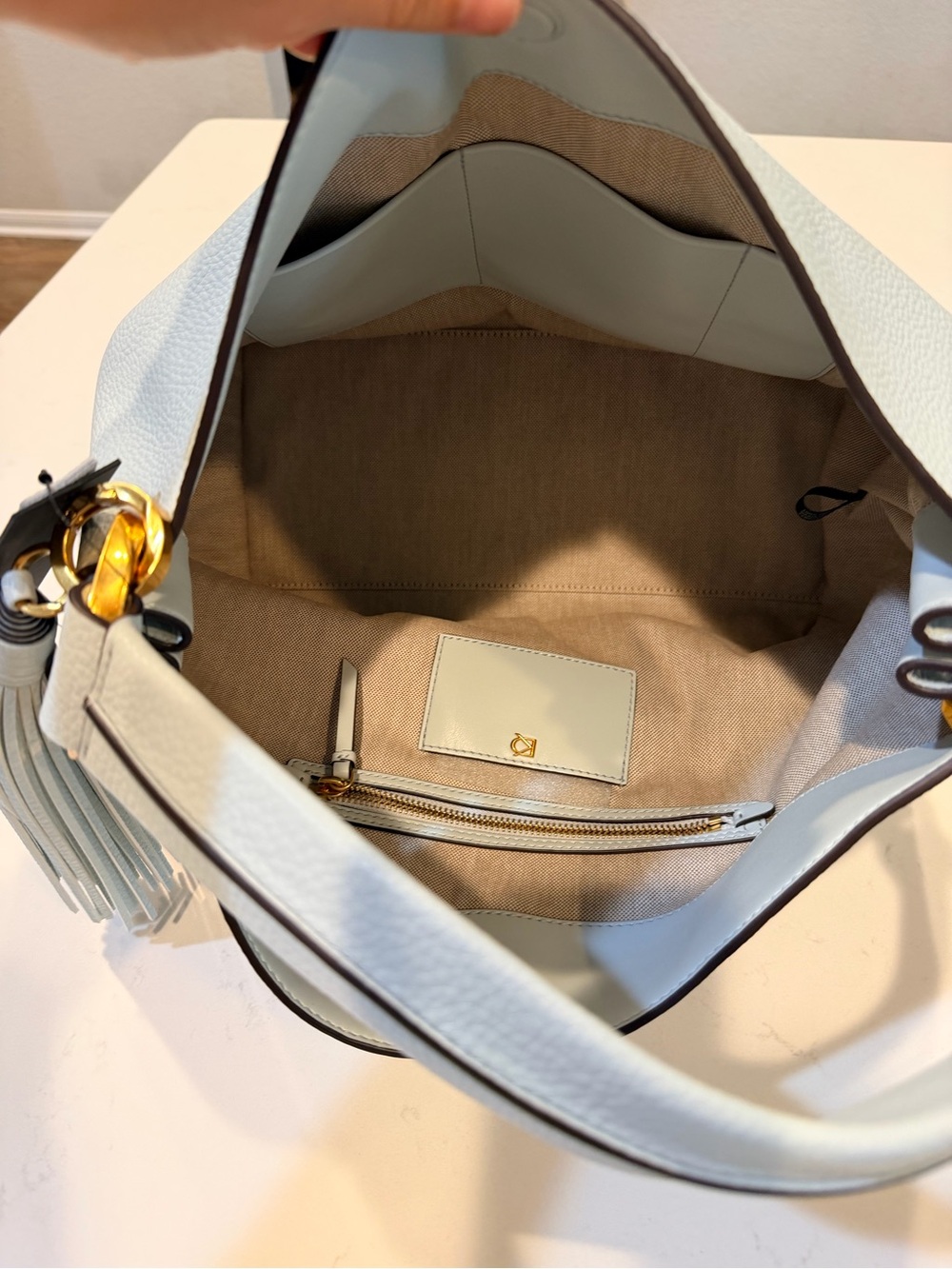 Donna Karan Light Blue Leather Shoulder Bag with Tassel